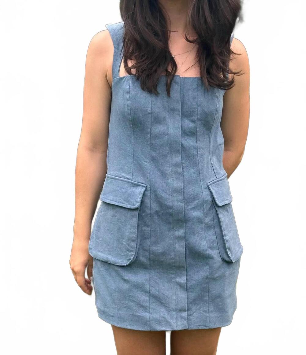 NEW SKY TO MOON denim back tie mini dress in blue